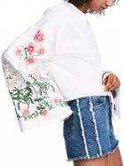 Choies Wlhite Embroidery Floral Bell Sleeve Raw Hem Sweatshirt