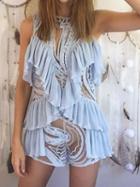 Choies Blue Sheer Panel Ruffle Detail Cold Shoulder Romper Playsuit And Vets