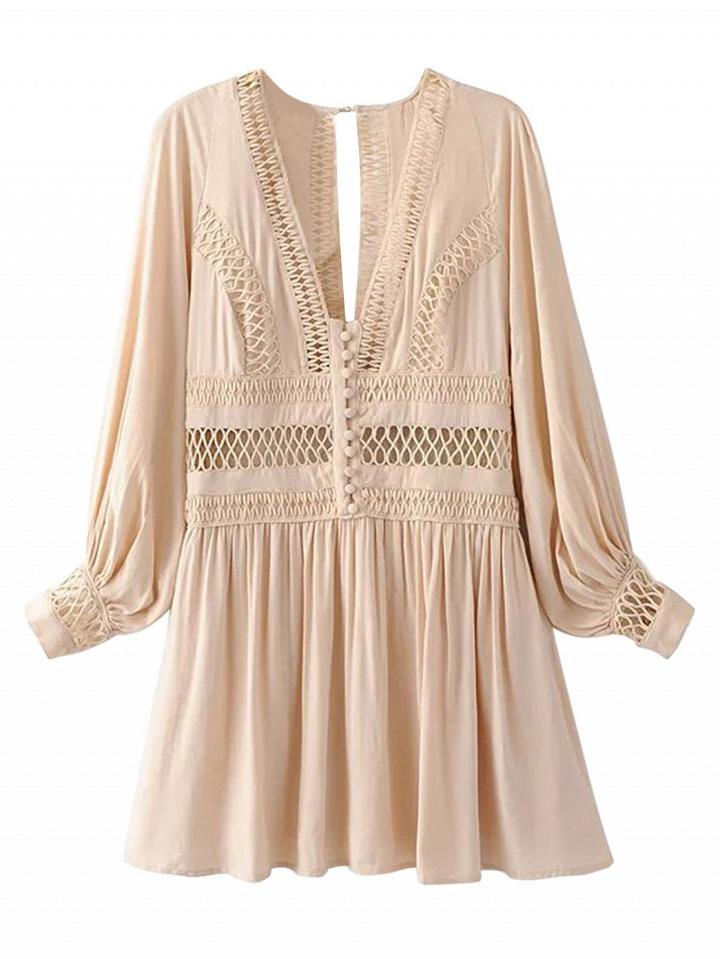 Choies Nude Plunge V-neck Cut Out Detail Back Split Long Sleeve Dress