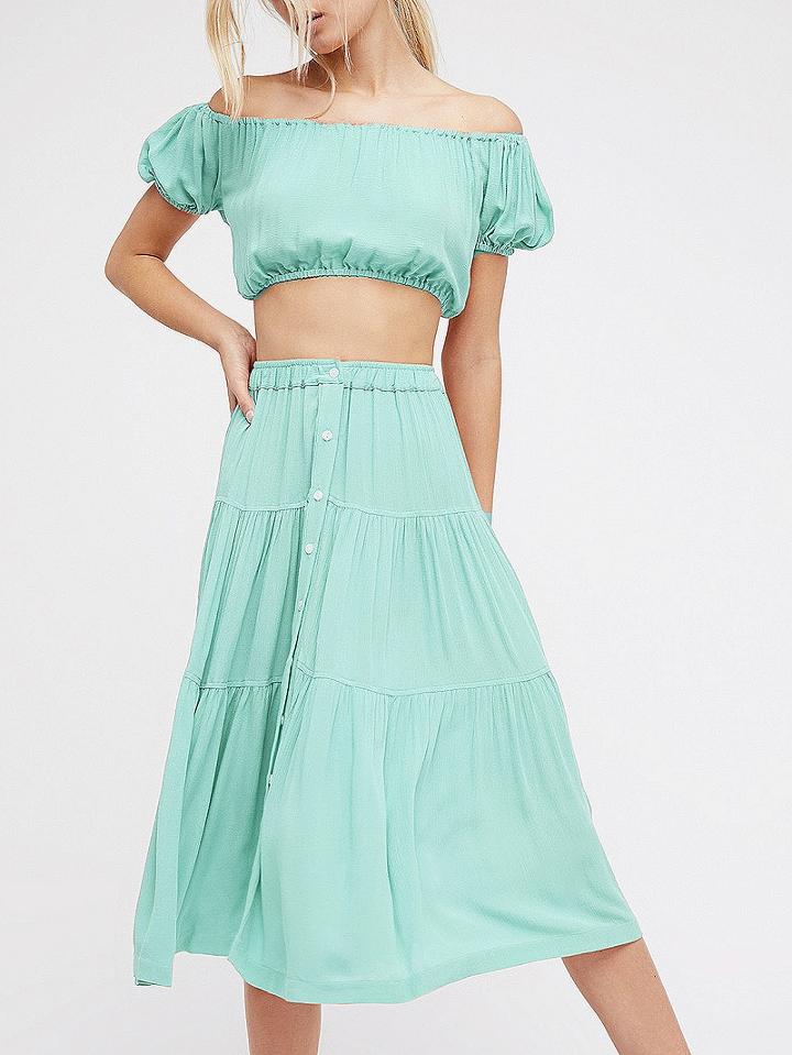 Choies Light Green Off Shoulder Crop Top And High Waist Midi Skirt