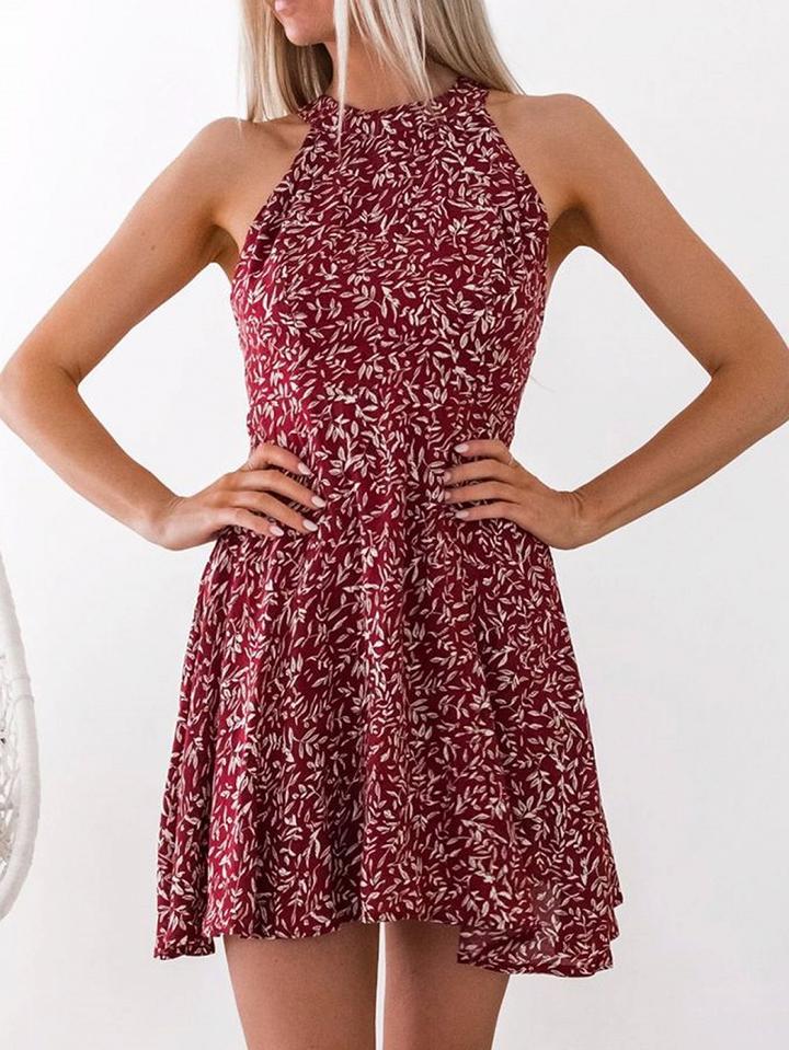 Choies Burgundy Halter Leaf Print Open Back Mini Dress