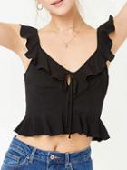 Choies Black V-neck Ruffle Trim Open Back Chic Women Crop Tank Top