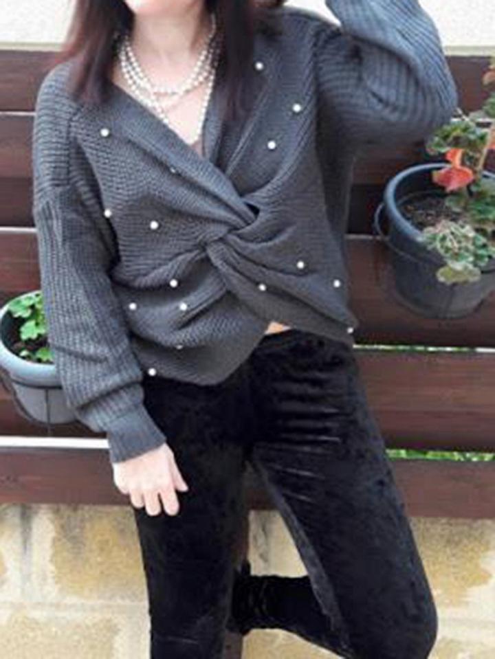 Choies Gray Beaded Detail Open Back Long Sleeve Knit Sweater