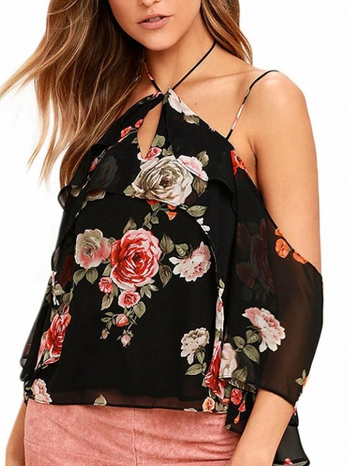 Choies Black Halter Cold Shoulder Floral Print Cami Chiffon Blouse
