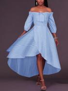 Choies Blue Stripe Off Shoulder Blouson Sleeve Dipped Hem Maxi Dress