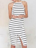 Choies Monochrome Stripes Cut Out Back High Neck Split Dress