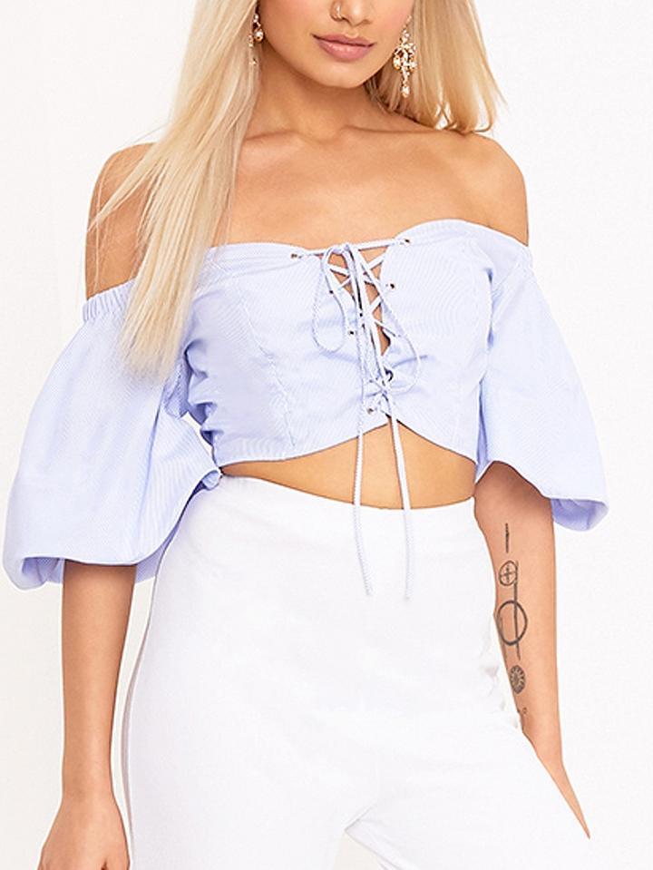 Choies Blue Stripe Off Shoulder Lace Up Front Crop Top
