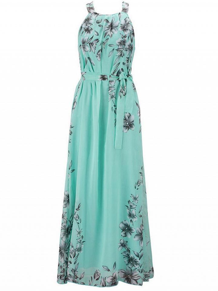 Choies Green Tie Waist Print Detail Maxi Dress