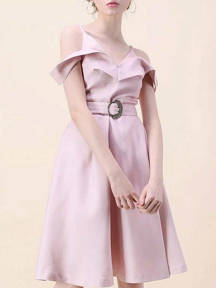 Choies Pink Folded Cold Shoulder Belt Waist Cami Dress