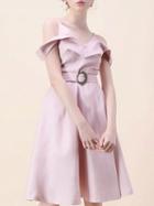 Choies Pink Folded Cold Shoulder Belt Waist Cami Dress
