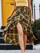 Choies Yellow Plaid Cotton High Waist Ruffle Trim Chic Women Maxi Skirt