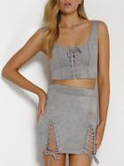 Choies Gray Faux Suede Lace Up Crop Tank Top And Mini Pencil Skirt