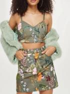 Choies Green Spaghetti Strap Floral Print Crop Top And High Waist Skirt