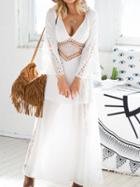Choies White Plunge Lattice Waist Sheer Lace Panel Backless Maxi Dress