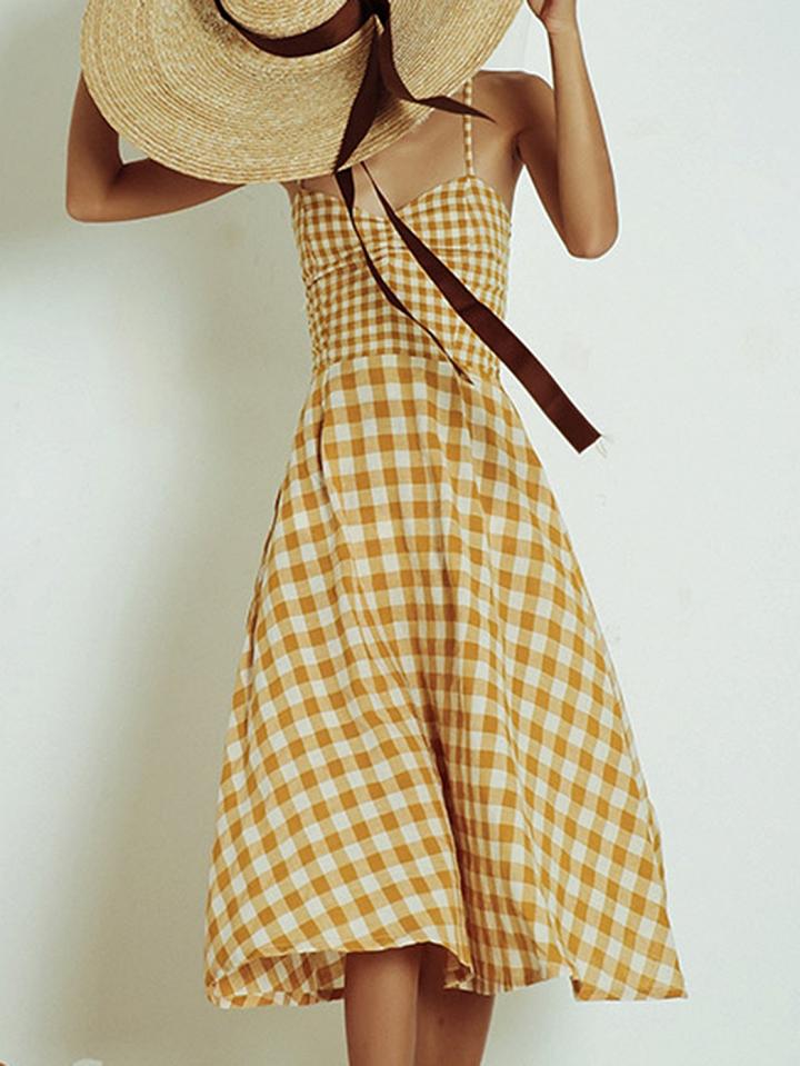 Choies Yellow Plaid Cotton Lace Up Back Vintage Women Cami Midi Dress