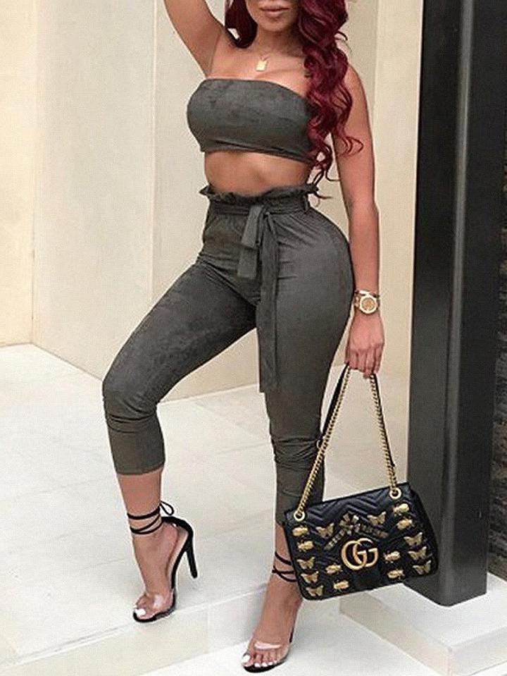 Choies Green Faux Suede Crop Top And High Waist Ruffle Trim Pants