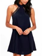 Choies Dark Blue Lace Panel Open Back Mini Dress