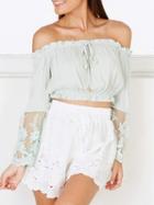 Choies Green Cotton Off Shoulder Lace Panel Flare Sleeve Chic Women Crop Top