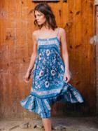 Choies Blue Spaghetti Strap Floral Print Ruffle Hem Midi Dress