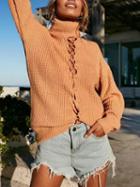 Choies Khaki High Neck Lace Up Front Long Sleeve Knit Sweater