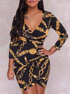 Choies Black Plunge Chain Print Asymmetric Hem Bodycon Mini Dress