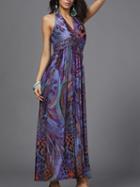 Choies Purple V-neck Halter Peacock Print Bohemian Dress