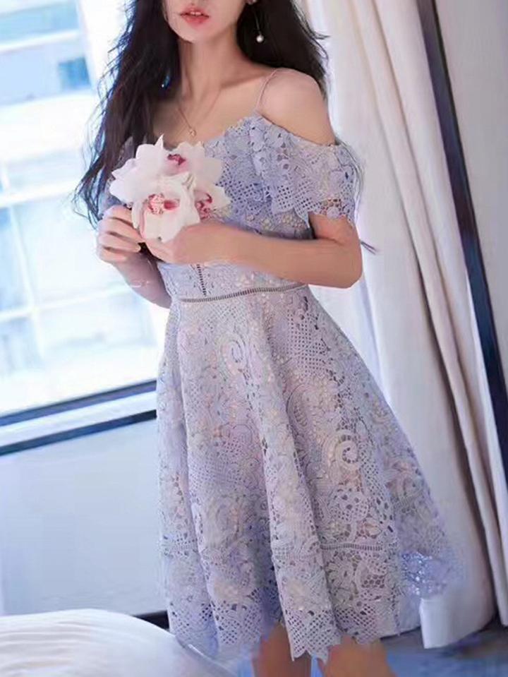 Choies Blue V-neck Cold Shoulder Spaghetti Strap High Waist Lace Dress