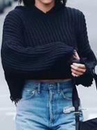 Choies Black Tassel Trim Long Sleeve Chic Women Knit Crop Hoodie Sweater