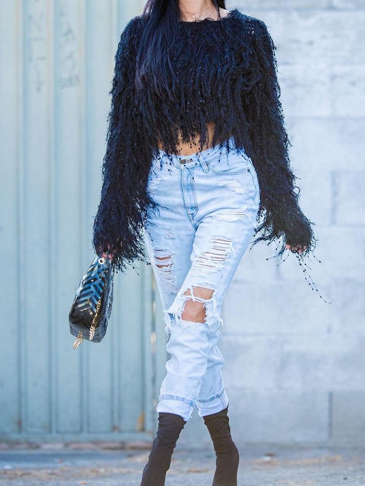 Choies Black Tassel Trim Long Sleeve Women Sweater