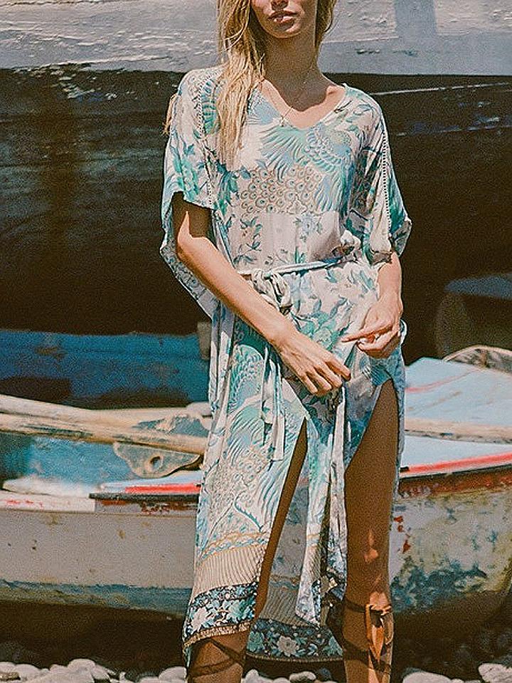 Choies Green V-neck Peacock Print Tie Waist Split Detail Midi Dress