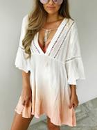 Choies White Dip Dye Plunge Cut Out Tie Front Flare Sleeve Mini Dress
