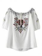 Choies White Embroidery Detail Tie Front Blouse