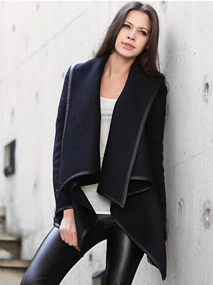 Choies Navy Zipper Detail Asymmetric Pu Trim Waterfall Coat