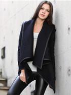 Choies Navy Zipper Detail Asymmetric Pu Trim Waterfall Coat