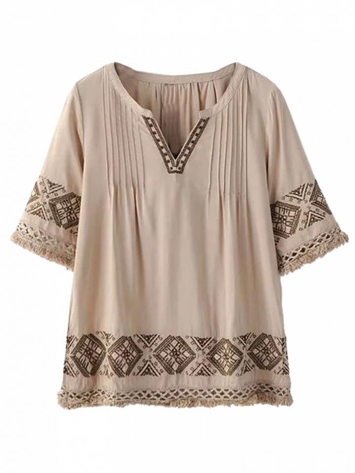 Choies Light Brown V-neck Embroidery Pattern Raw Hem Blouse