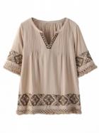Choies Light Brown V-neck Embroidery Pattern Raw Hem Blouse