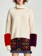 Choies Beige High Neck Faux Fur Cuff Knit Sweater