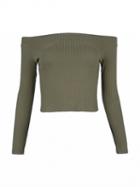 Choies Army Green Off Shoulder Rib Long Sleeve Crop Top