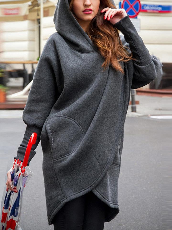 Choies Dark Gray Asymmetric Hem Long Sleeve Hooded Coat