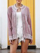 Choies Pink Open Front Pocket Detail Long Sleeve Chic Women Knit Cardigan