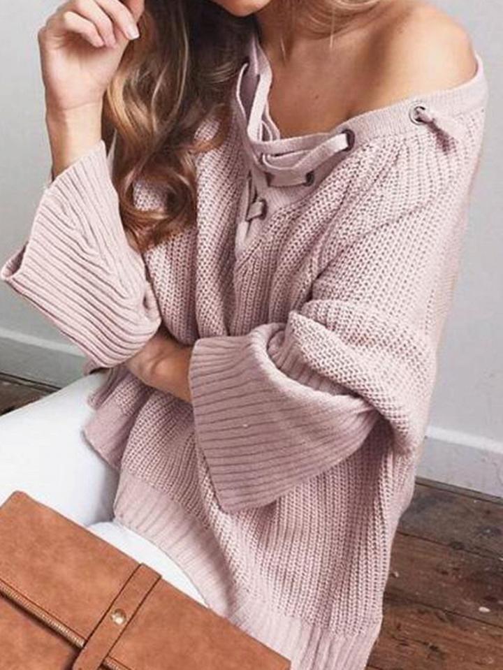 Choies Pink V-neck Eyelet Lace Up Front Long Sleeve Chic Women Knit Sweater
