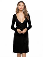 Choies Black Plunge Tie Waist Long Sleeve Knitted Dress