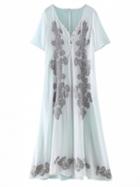 Choies White V-neck Button Front Heavy Embroidery Sheer Maxi Dress