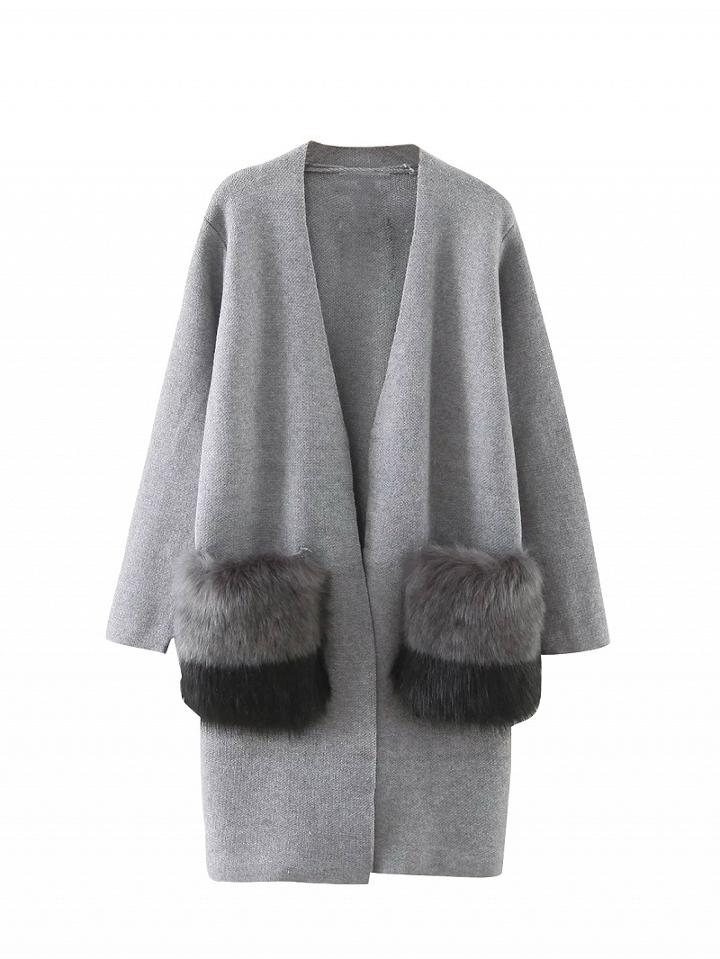 Choies Gray Faux Fur Pocket Open Front Longline Cardigan