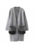 Choies Gray Faux Fur Pocket Open Front Longline Cardigan
