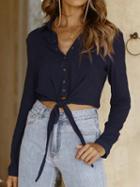 Choies Blue V-neck Button Placket Front Long Sleeve Chic Women Crop Shirt