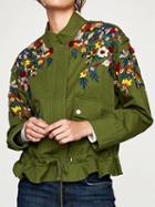 Choies Army Green Embroidery Floral Ruffle Hem Long Sleeve Parka Coat
