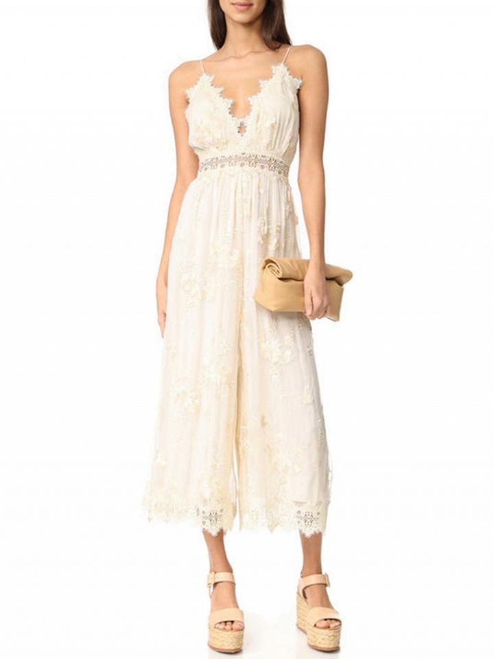 Choies White V-neck Spaghetti Strap Lace Jumpsuit