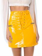 Choies Yellow High Waist Lace Up Front Leather Look Mini Skirt