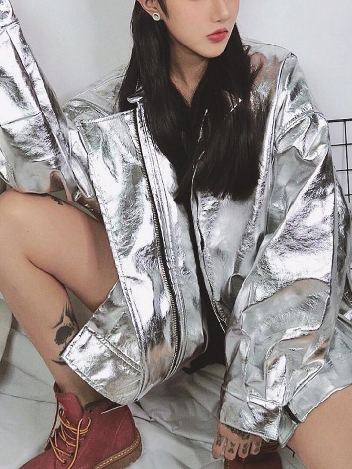 Choies Silver Metallic Letter Ribbon Leather Look Jacket
